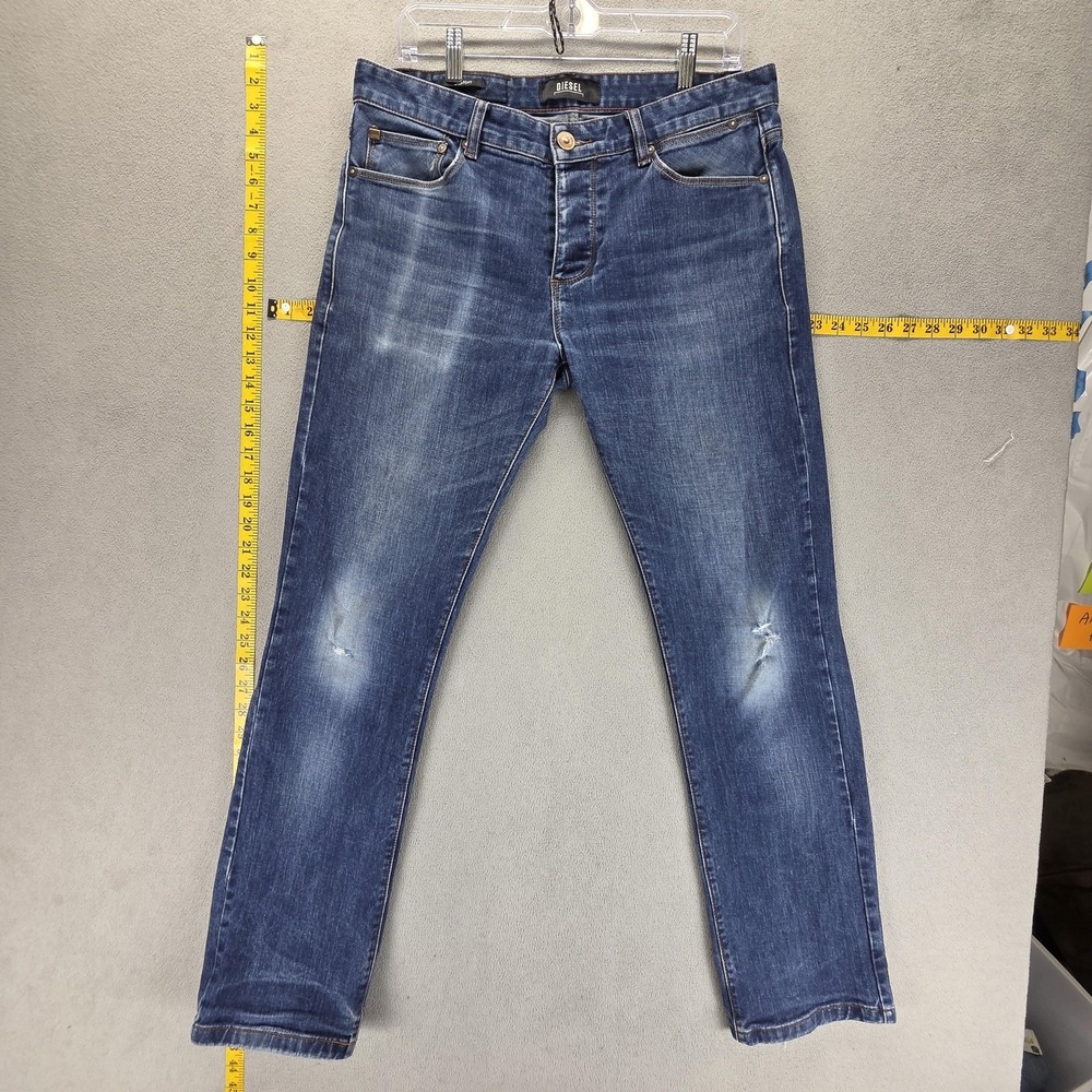 Diesel Jeans‎ Womens 32x32 Blue Straight Medium Wash Button Fly Distressed Denim